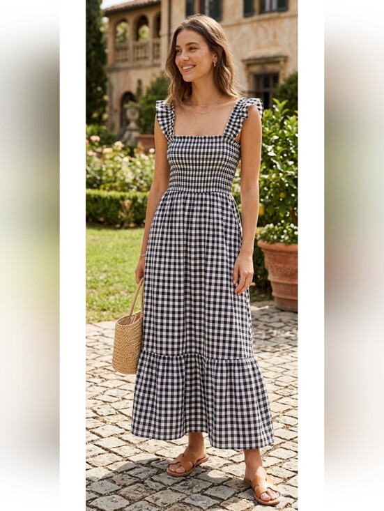 Dresses & Skirts - Gingham Cotton Smocked Maxi Dress - Medium W/Pockets
